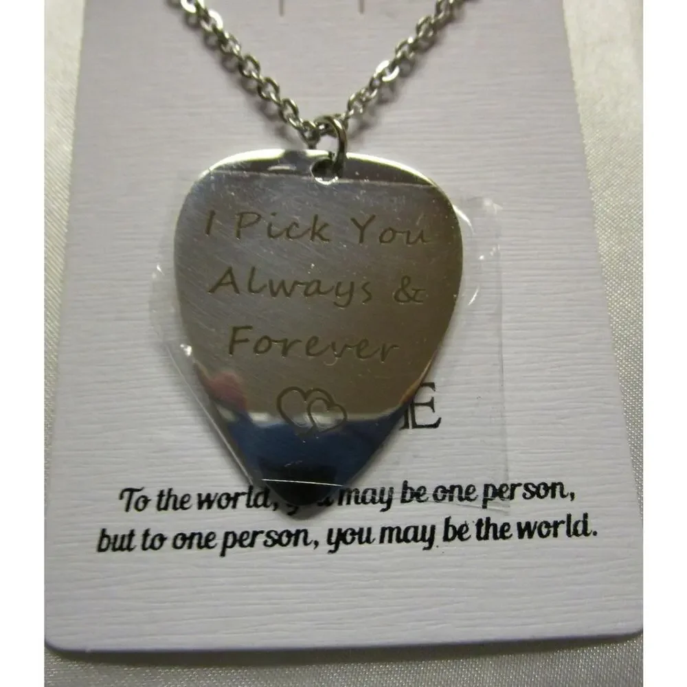 Lot 3 Pc Valentines Day Gift Love Engraved Guitar Pick Silvertone Necklace NEW
